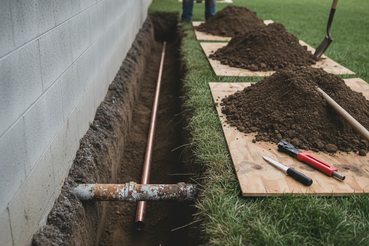 Excavated water line trench during Sewer Line Repair in North Apollo